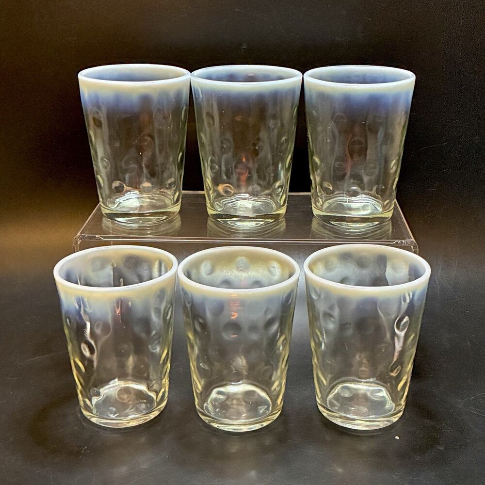 Victorian Opalescent Ring of Fire Optic Dot Tumblers 4in Antique Glass Set 6
